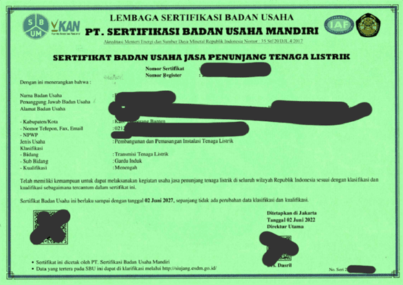 Contoh Format Sertifikat Badan Usaha Jasa Penunjang Tenaga Listrik (SBUJPTL) - dzkkonstruksi.com